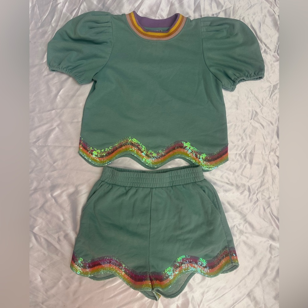 Queen of Sparkles Puff Sleeve Top & Shorts Set with Rainbow Trim - Picture 2 of 4